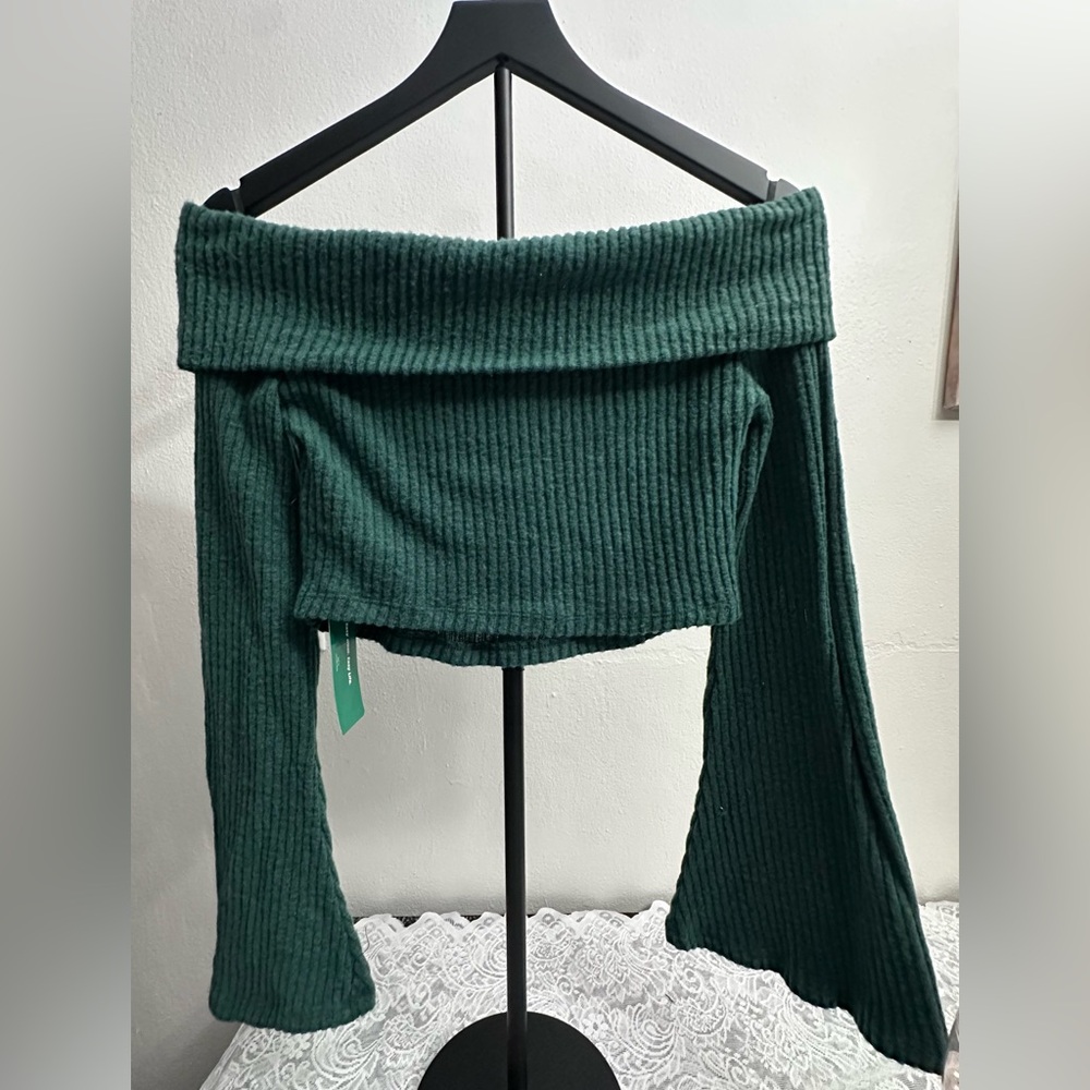 SHEIN Green Off Shoulder Ribbed Knit Top Large | Bell Sleeve
